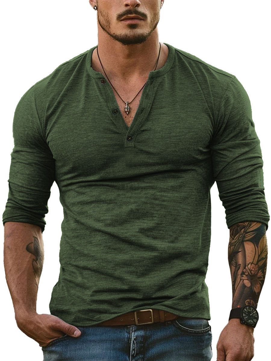 T-shirt Casual a Maniche Lunghe con Collo Henley
