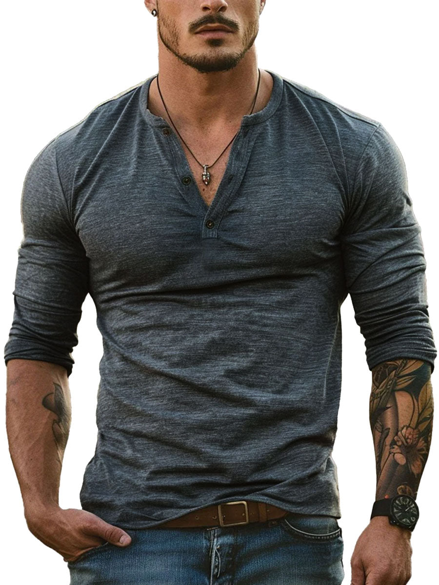 T-Shirt a Maniche Lunghe con Collo Henley