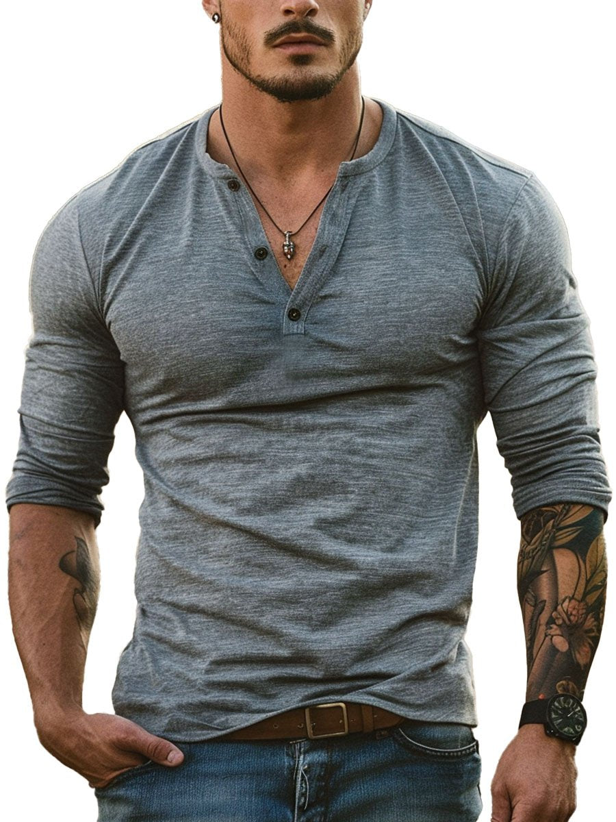 T-shirt Casual a Maniche Lunghe con Collo Henley