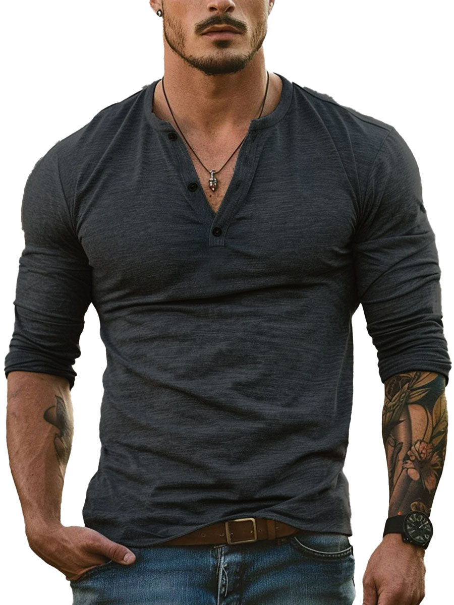 T-Shirt a Maniche Lunghe con Collo Henley