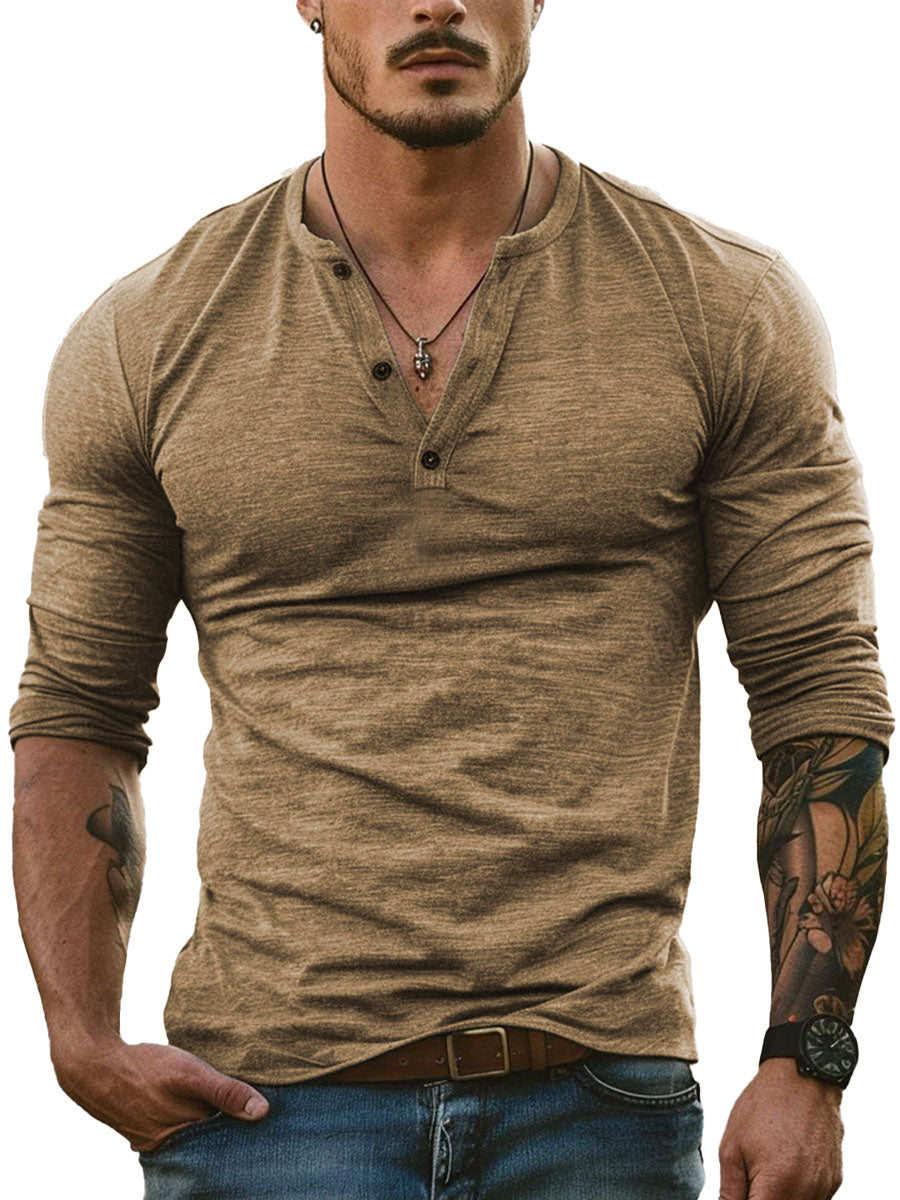 T-Shirt a Maniche Lunghe con Collo Henley