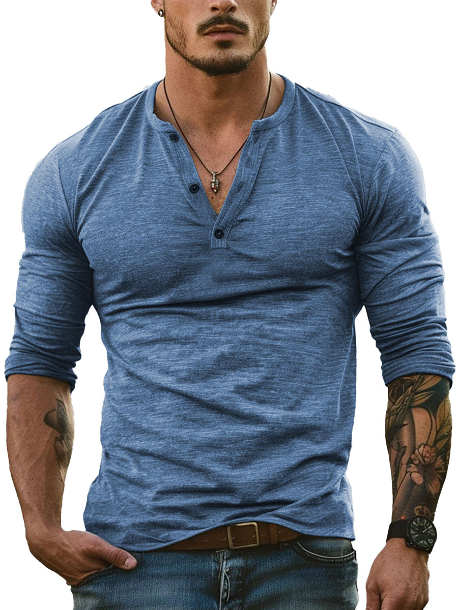T-shirt Casual a Maniche Lunghe con Collo Henley